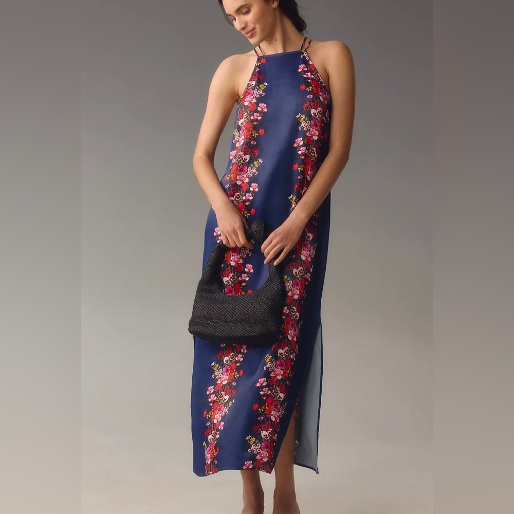 By Anthropologie $148 Double Strap‎ Blue Halter Column Midi Blue Floral Dress